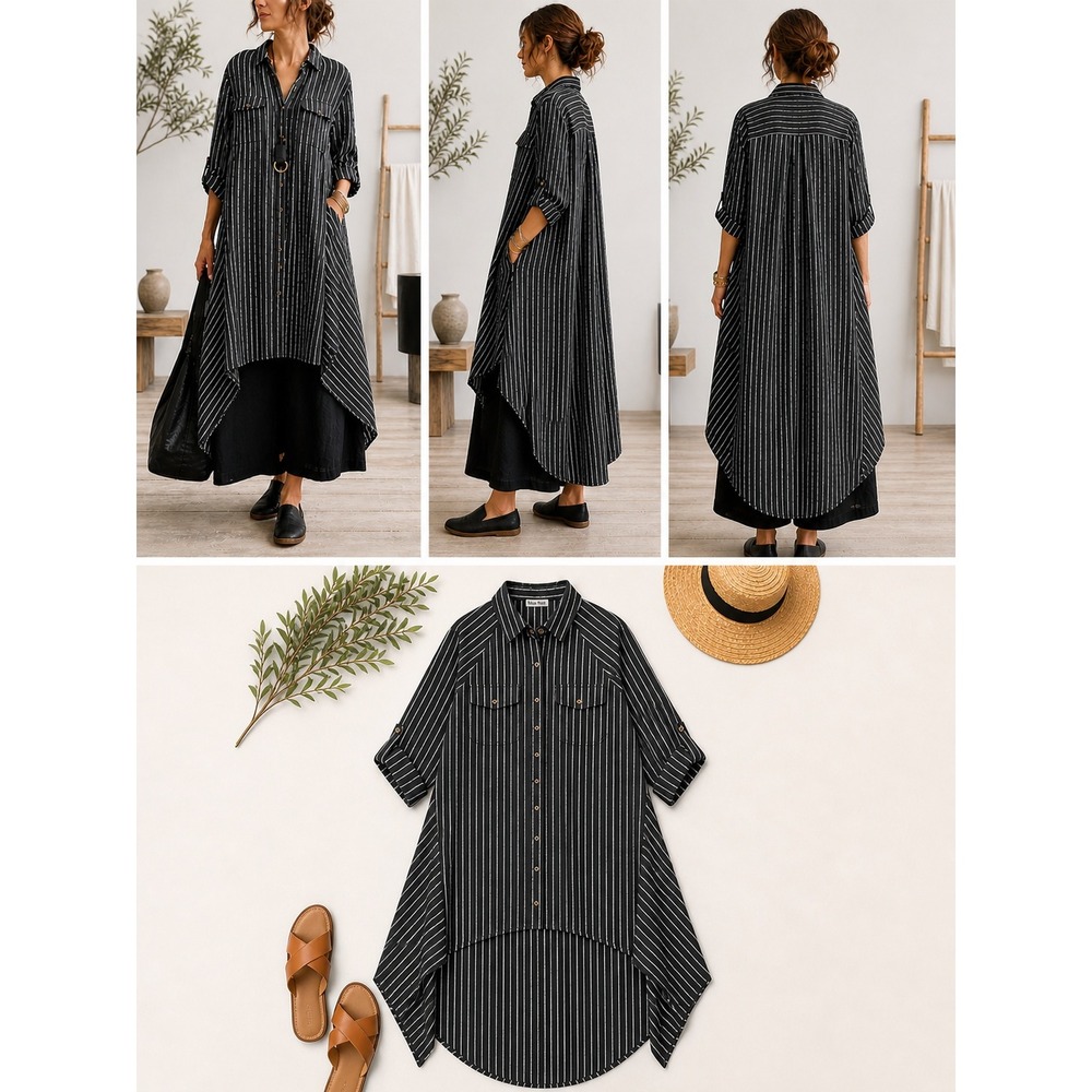 Meo Meli Linen Lagenlook Shirt Dress L Black White Stripe Oversized Italy Artsy